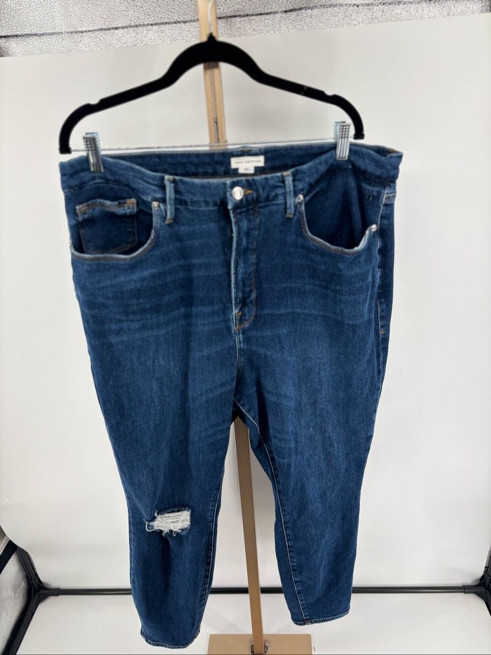 Good American Good Waist Crop Jean Womens 20 Dark Blue Distressed